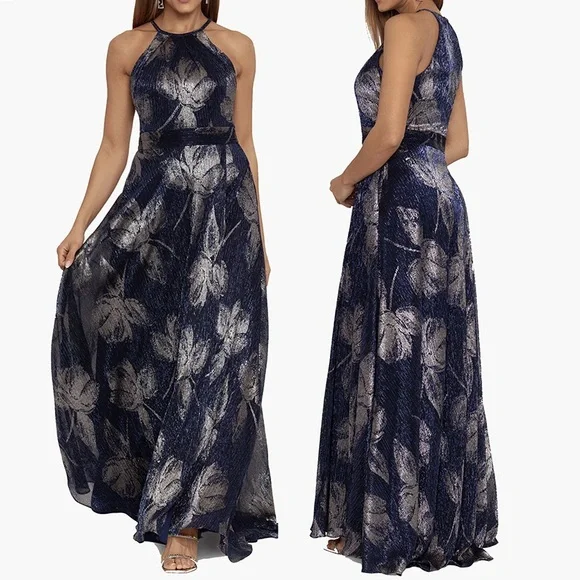 Betsy & Adam Women's Metallic Printed Halter Gown - Navy/Gunmetal - Size 2